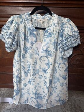 Laura Ashley White and Blue Floral V-Neck Short Sleeve Blouse